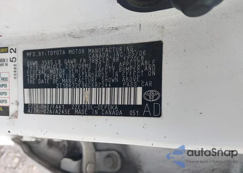 2006 Toyota Corolla Ce from USA, damaged, VIN 2T1BR32E96C687244